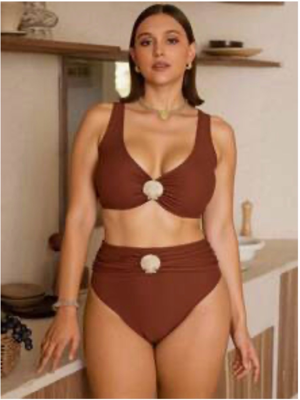 High-Waist Ribbed Bikini Set in Brown - Women Swim 14/XL